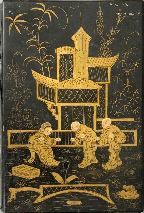 Appraisal: Japonaise Figure-Decorated Black Lacquer Folio x in