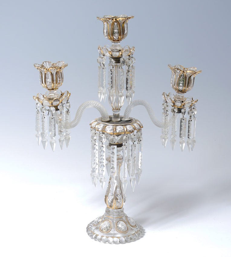 Appraisal: MOSER TYPE ENAMELED GLASS CANDELABRA Three light gilt and enameled