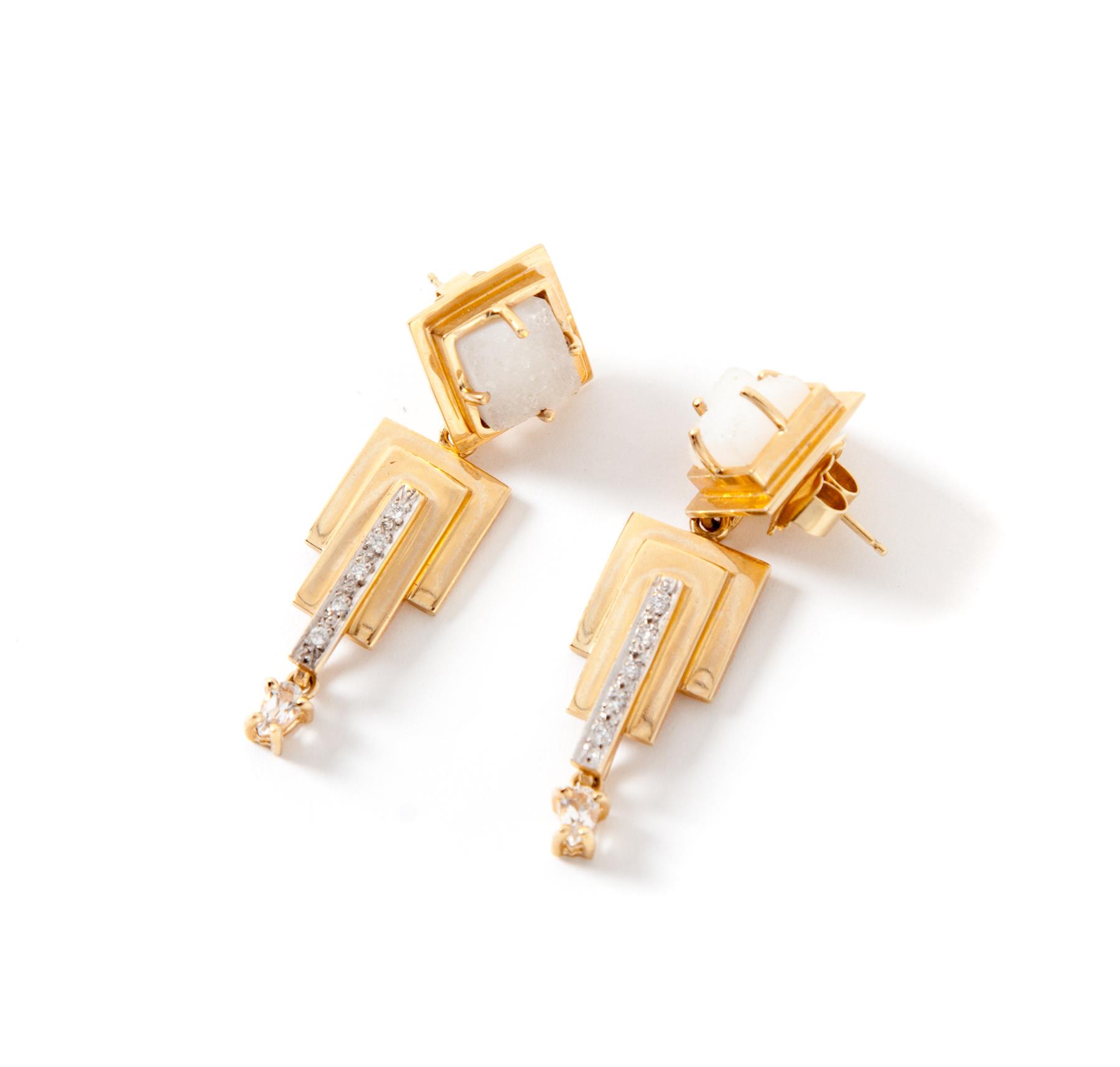 Appraisal: JOAN MICHLIN EARRINGS WITH DRUSY QUARTZ AND DIAMONDS American st