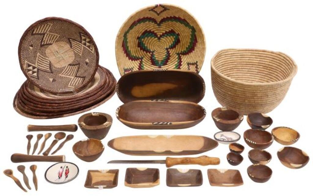 Appraisal: lot African decorative items highlights include carved wood tableware with