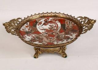 Appraisal: BRONZE MOUNTED KUTANI CIRCULAR CHARGER WITH PAINTED FIGURAL VIGNETTES H