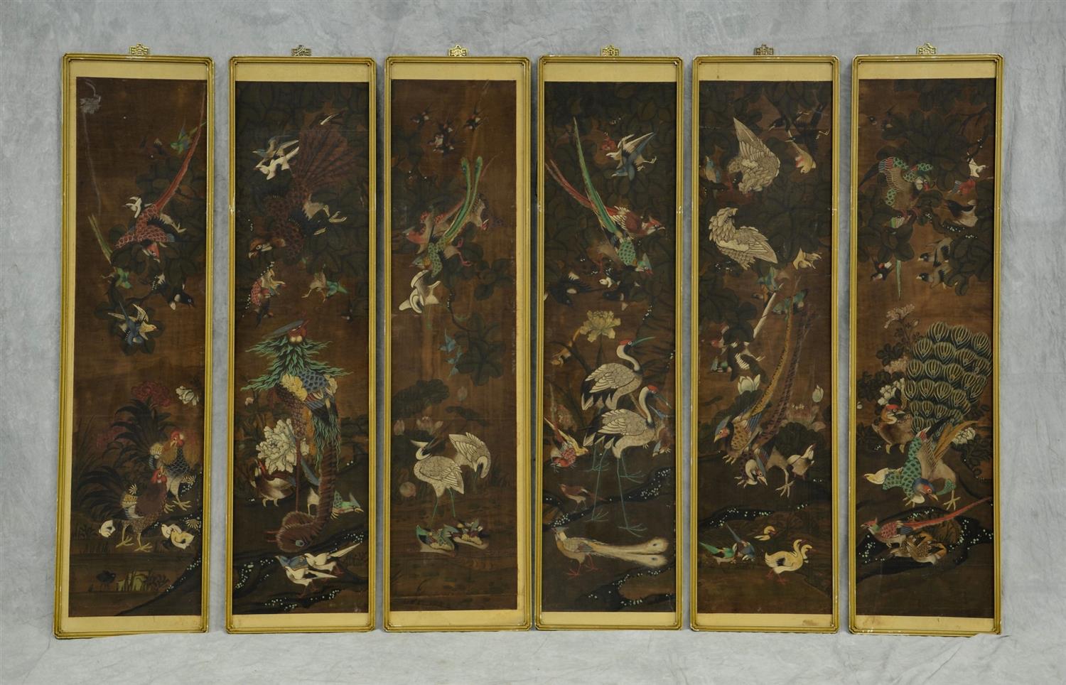 Appraisal: Six framed Chinese painted silk panels depicting birds overall h