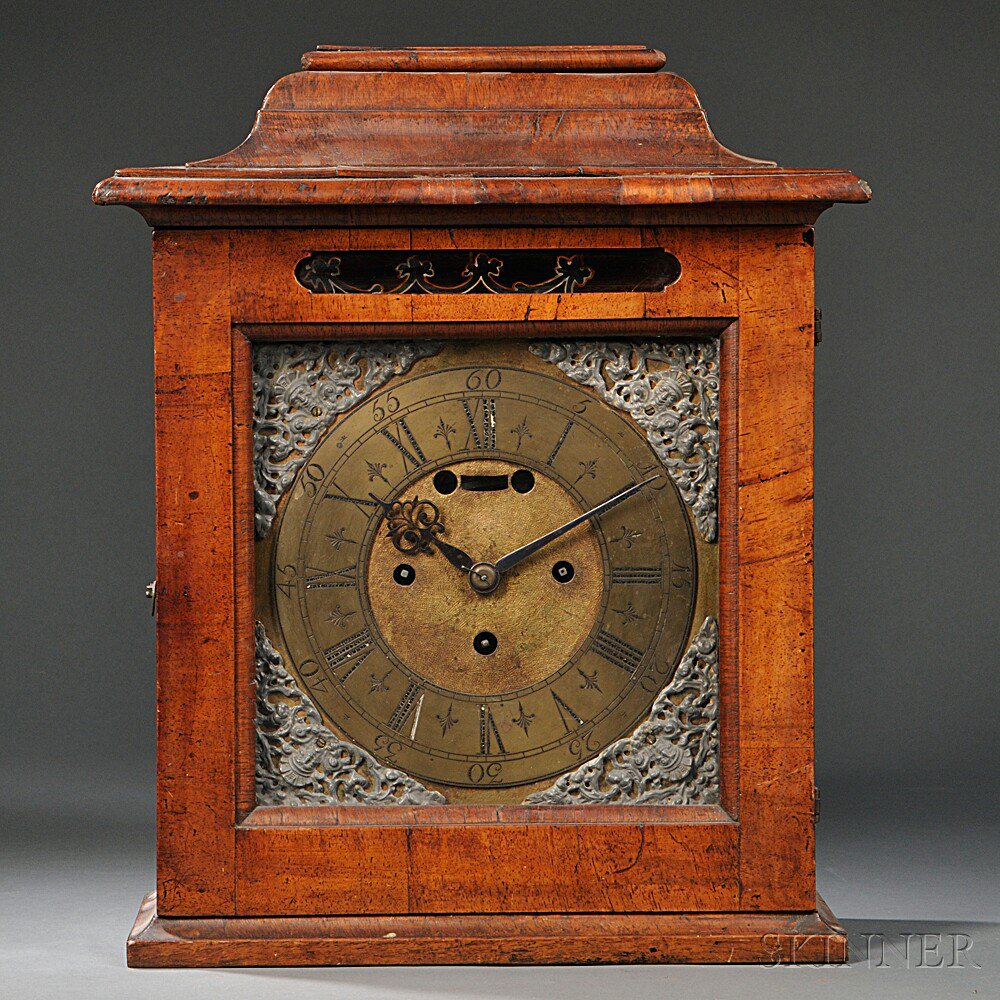 Appraisal: Continental Walnut Veneered Quarter-chiming Table Clock probably Germany c the