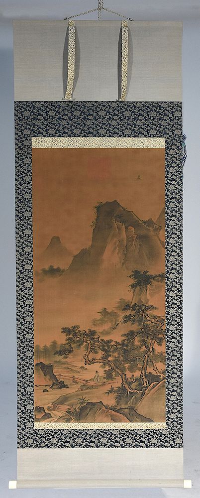 Appraisal: Chinese painted scroll of mountain landscape Chinese painted scroll of