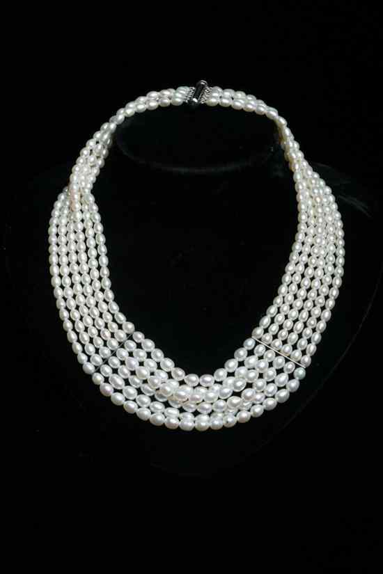 Appraisal: SIX-STRAND GRADUATED FRESH WATER PEARL CHOKER WITH STERLING SILVER TUBULAR