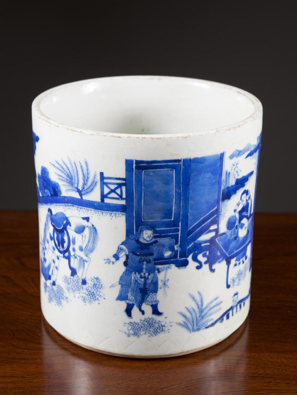 Appraisal: CHINESE BLUE AND WHITE PORCELAIN BRUSH POT Ming style hand