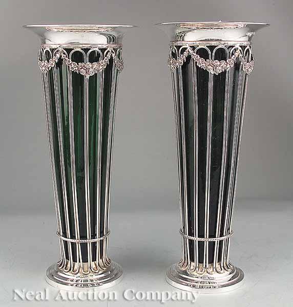 Appraisal: A Pair of Neo-Classical-Style Silverplate Wirework Trumpet Vases the tall