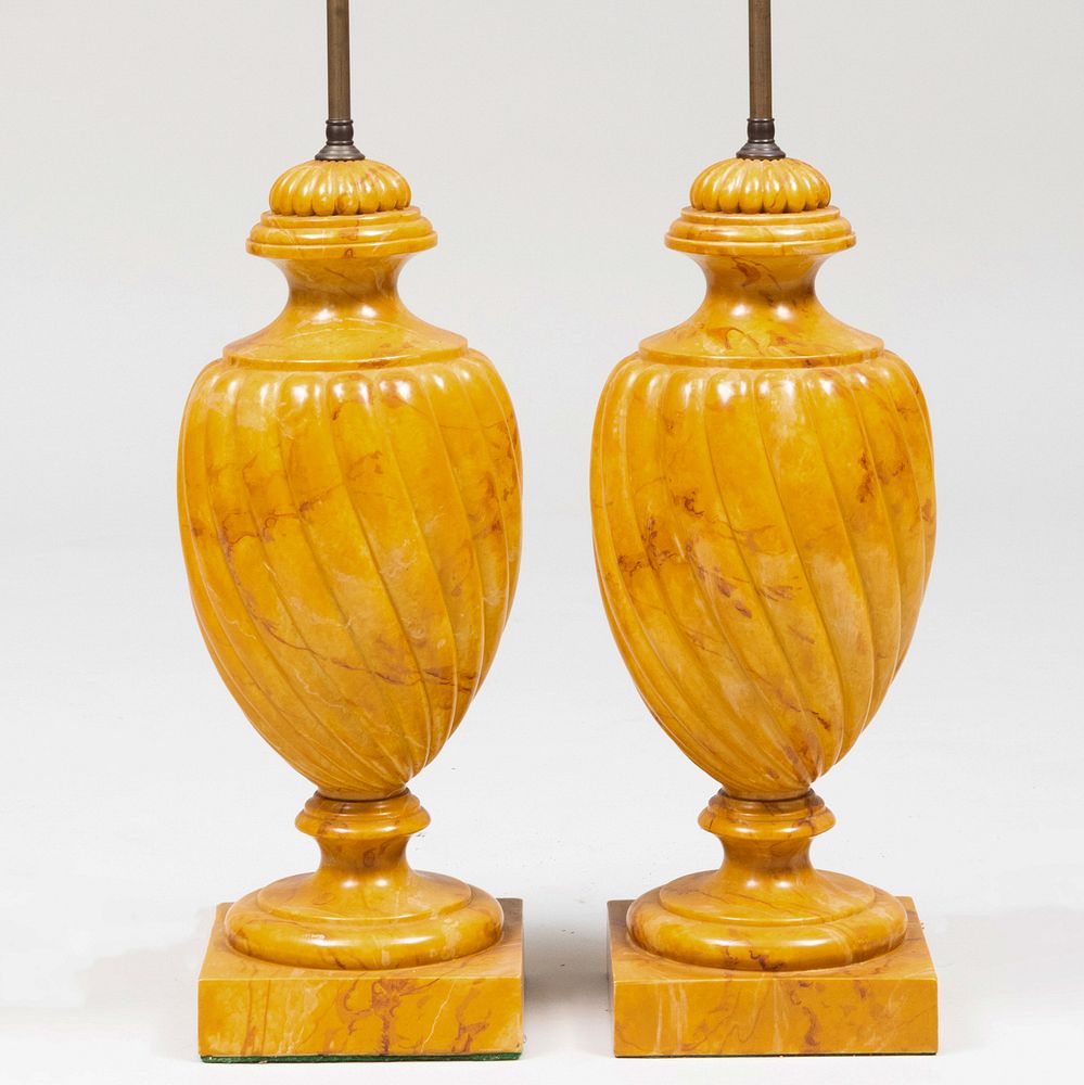 Appraisal: Pair of Large Carved Marble Spiral Reeded Urn-Formed Lamps The