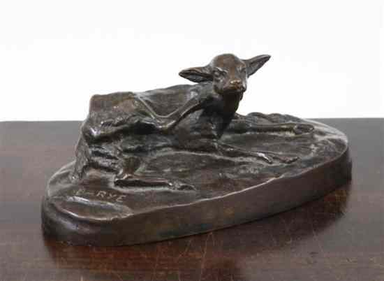 Appraisal: Antoine-Louis Barye - A small bronze model of a recumbent