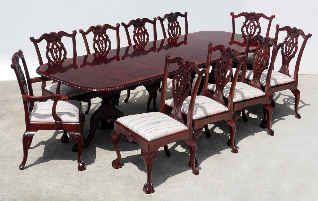 Appraisal: CHIPPENDALE STYLE BIRDS EYE MAHOGANY TABLE CHAIRS Birds eye veneer