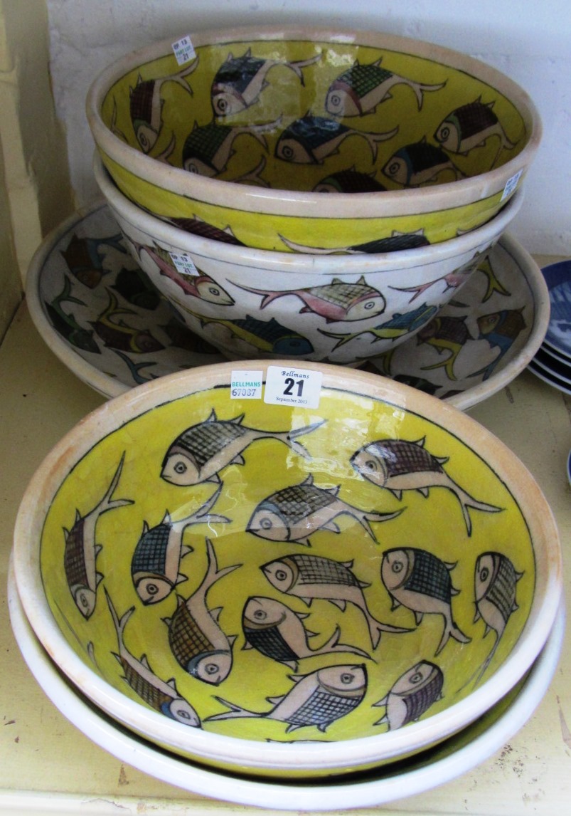 Appraisal: A modern pottery shallow bowl hand painted with stylised fish