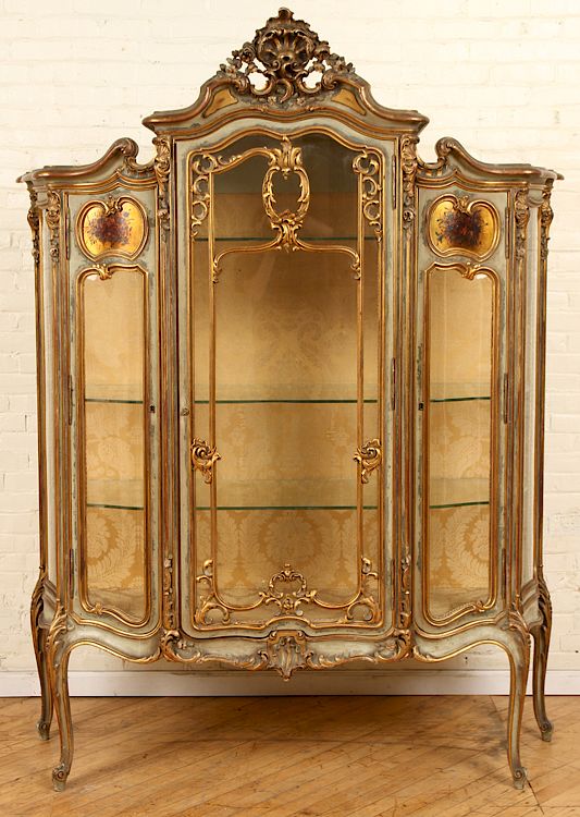 Appraisal: FRENCH ROCOCO STYLE PAINTED GILT WOOD VITRINE A large and