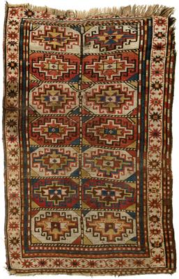 Appraisal: Caucasian rug fourteen central panels with hook designs on ivory