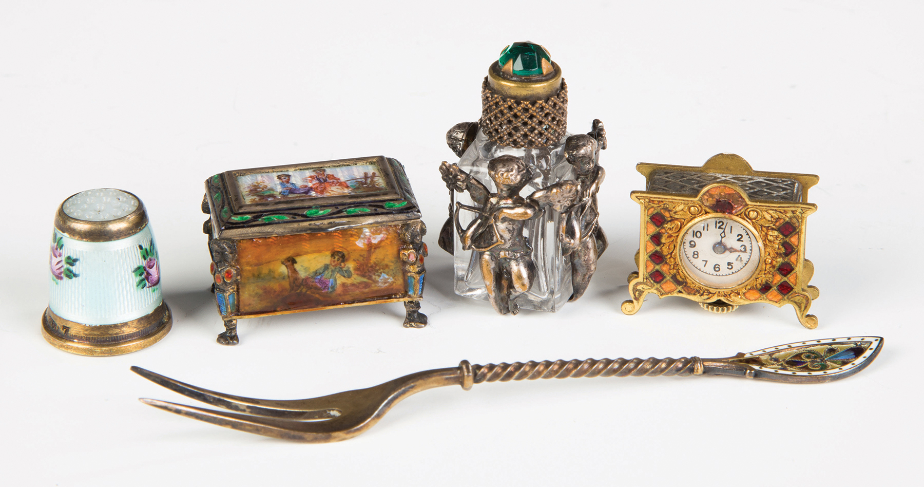 Appraisal: French Novelties Perfumes Miniature clock plique-a-jour fork etc