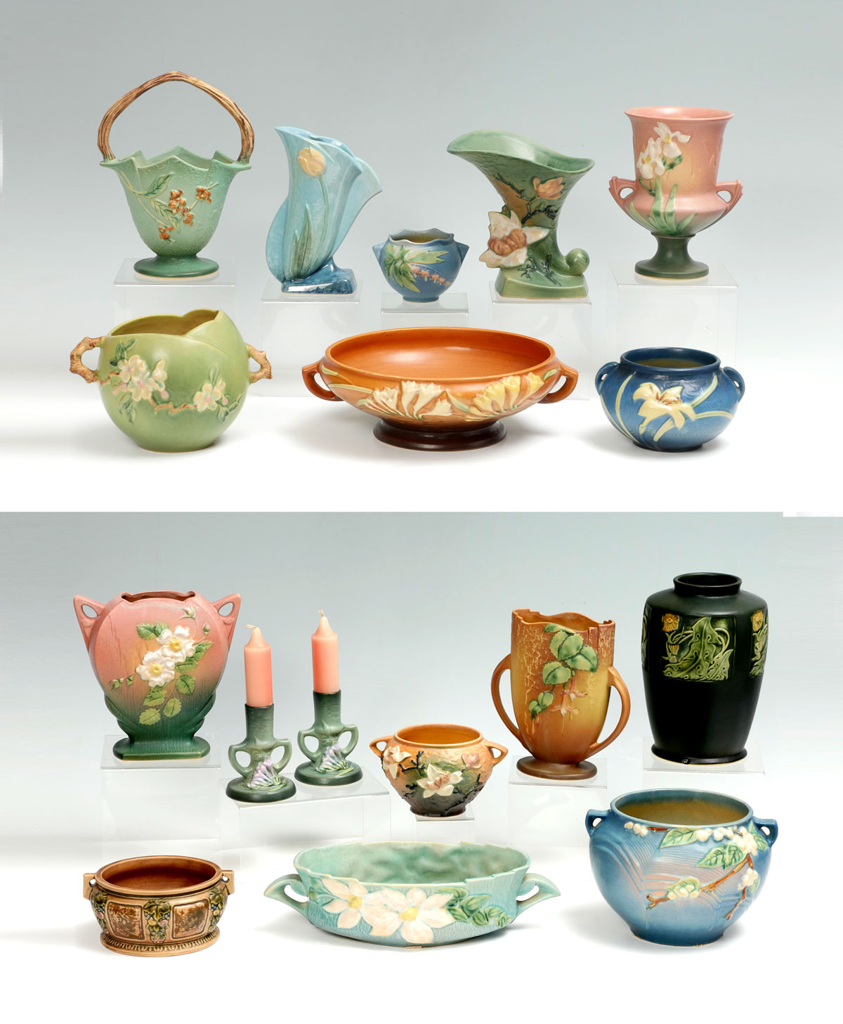 Appraisal: PC ROSEVILLE POTTERY COLLECTION Nice collection of Roseville baskets vases