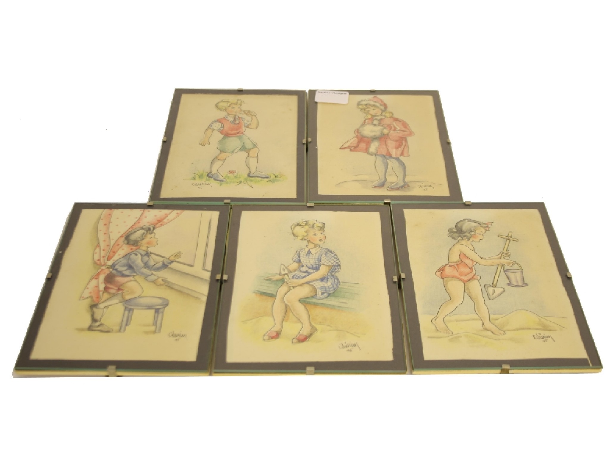 Appraisal: Vintage set of five hand coloured illustrations of children indistinctly