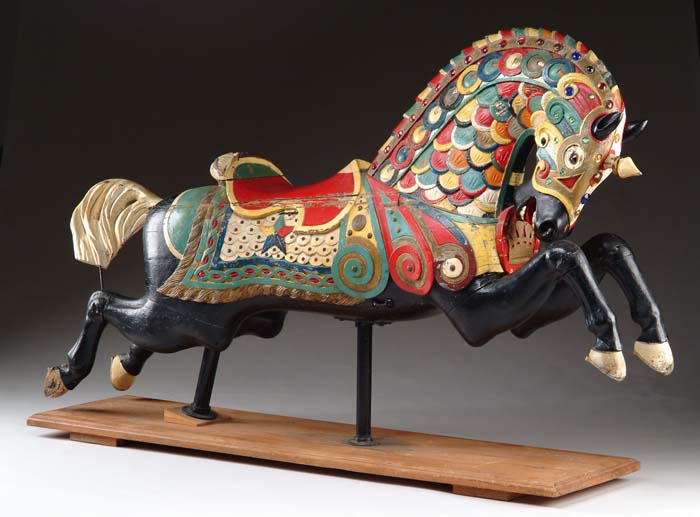 Appraisal: FABULOUS CARVED ARMORED PARKER CAROUSEL FIGURE Colors are vibrant playful