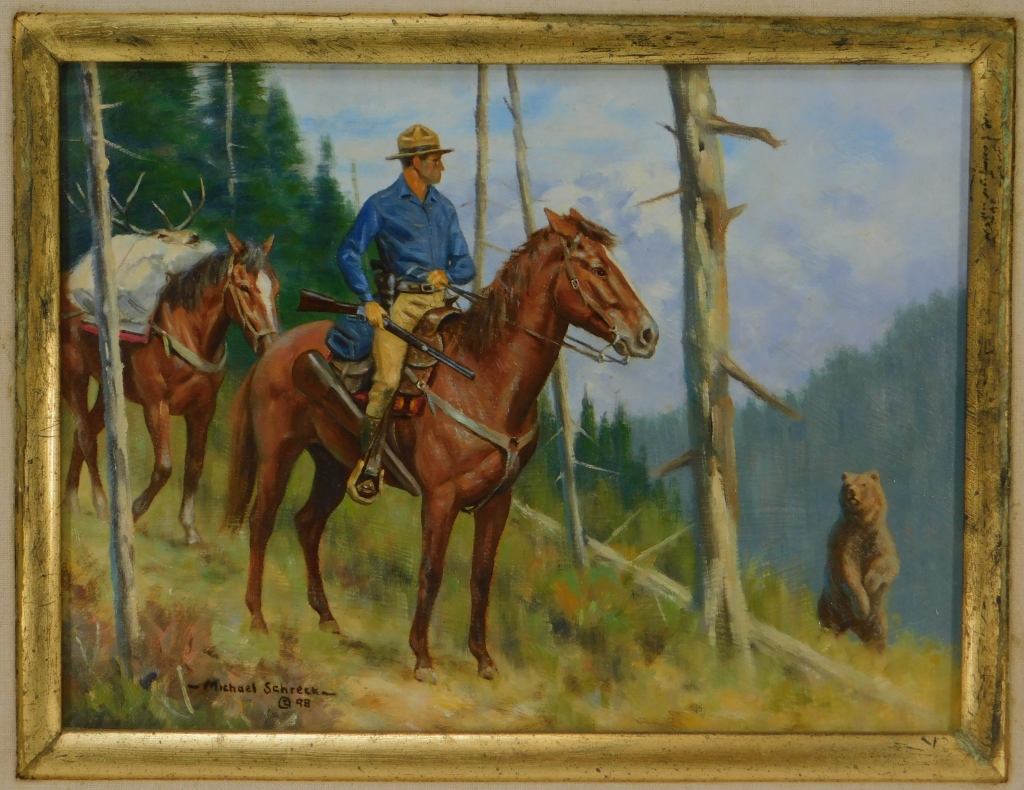 Appraisal: MICHAEL SCHRECK FRONTIER HUNTING WILDLIFE PAINTING Alabama b Realist work