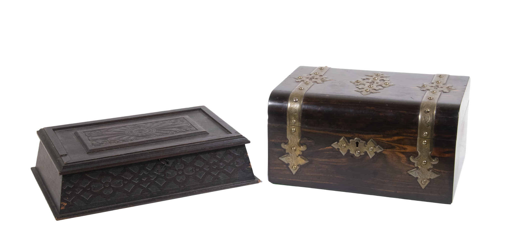 Appraisal: ENGLISH STORAGE BOXES Including Victorian brass mounted coromandel box with