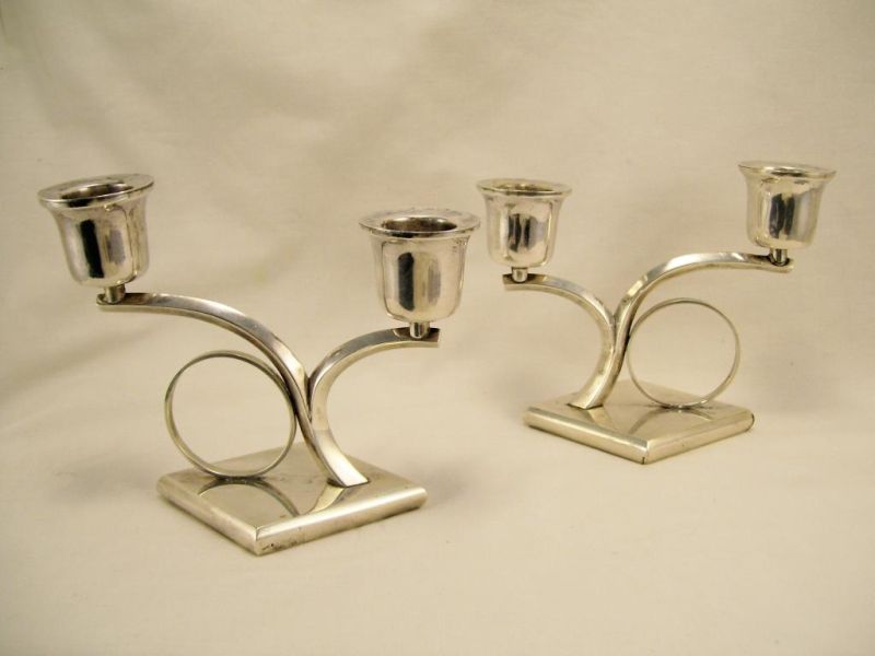 Appraisal: Pair Sterling Double Branch Candelabras Weighted bases measures high and