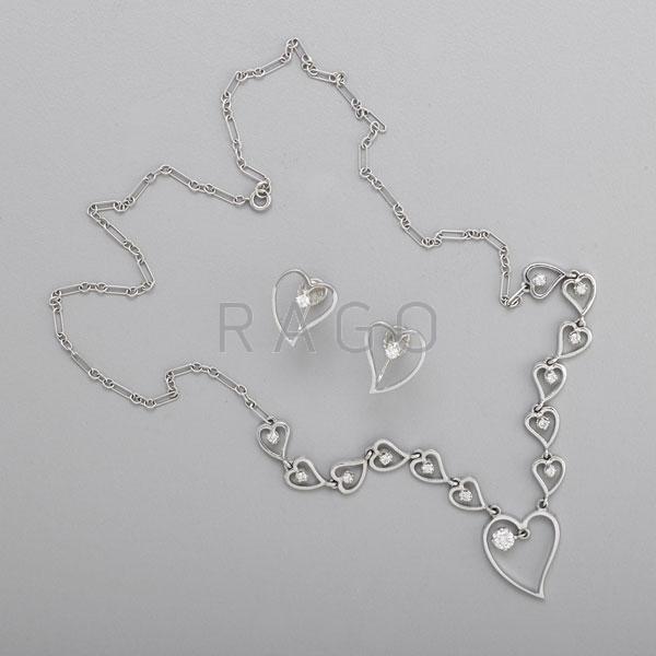 Appraisal: DIAMOND WHITE GOLD HEART NECKLACE AND EARRINGS Condition Report