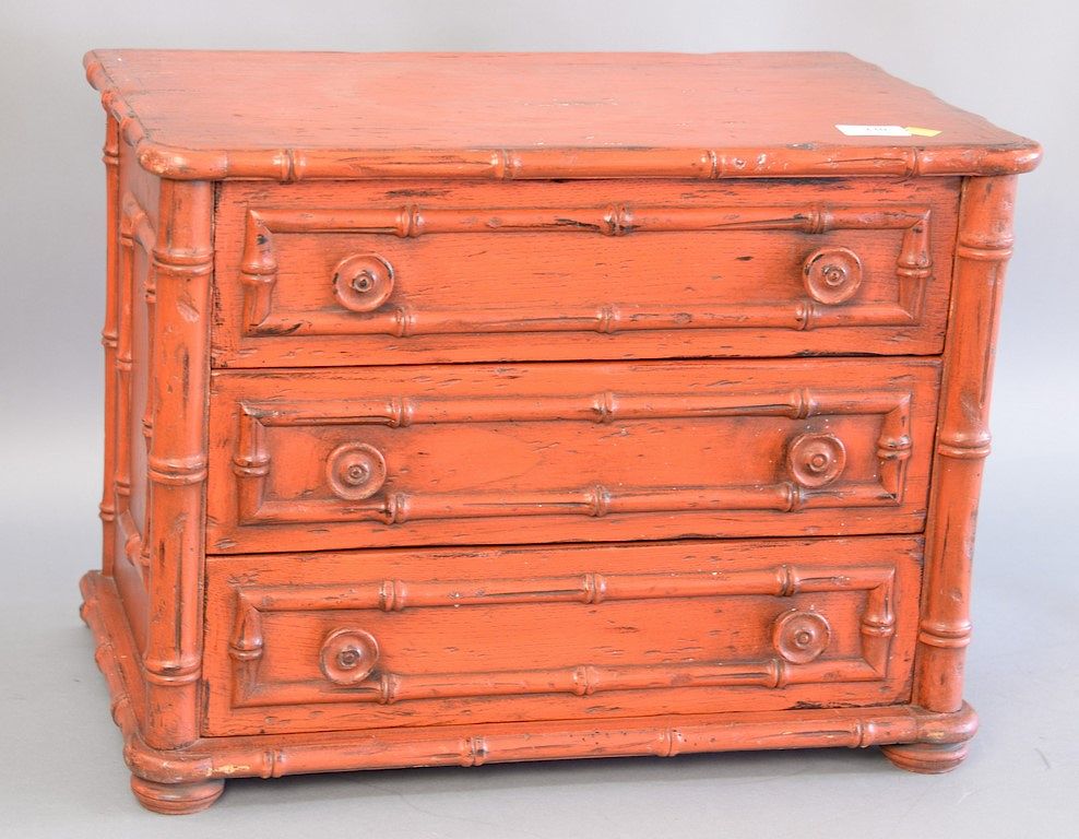 Appraisal: Victorian style red painted miniature chest with three drawers and