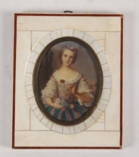 Appraisal: MINIATURE PAINTING OF YOUNG WOMAN HOLDING FLOWERS IN A IVORY