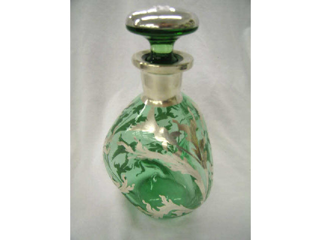 Appraisal: Silver Overlay Emerald Glass Decanter pinch decor