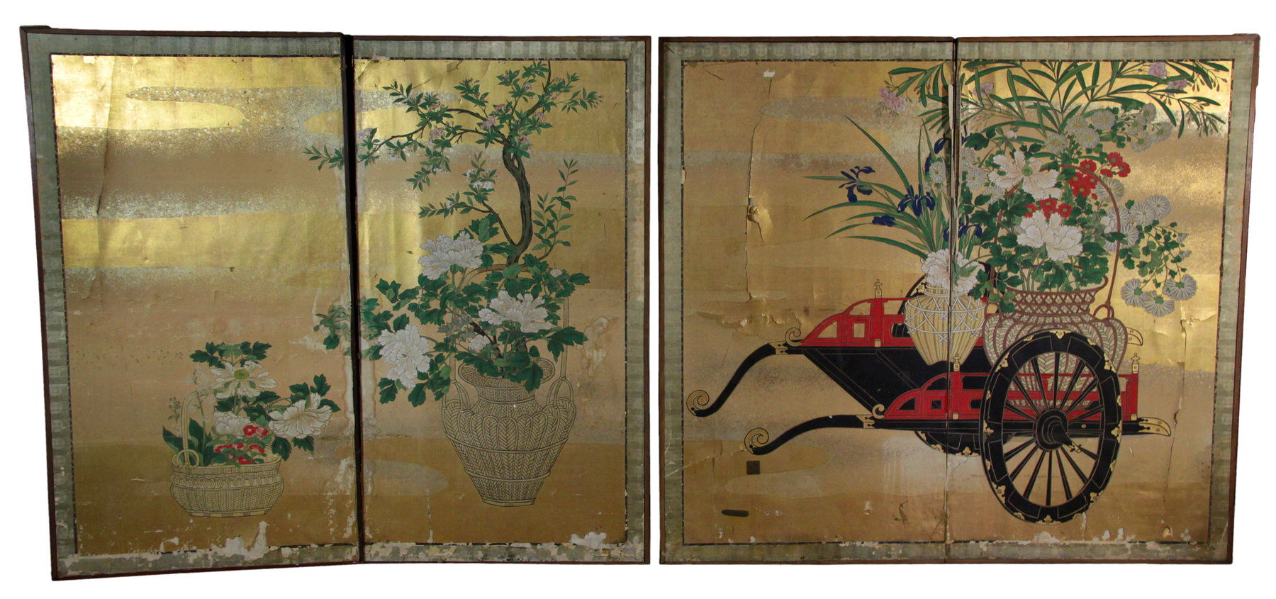 Appraisal: Two Japanese two panel screens Meiji period painted and printed