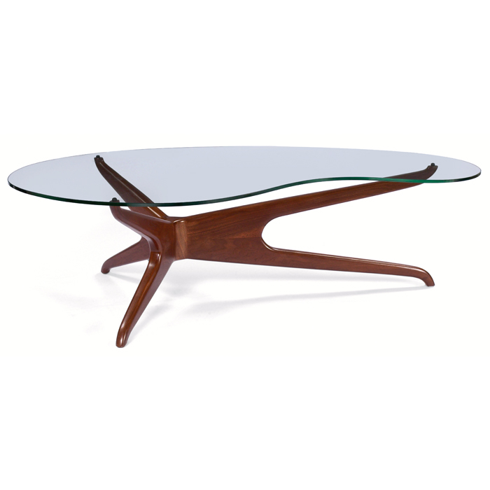 Appraisal: Vladimr Kagan coffee table USA sculptural walnut base with three