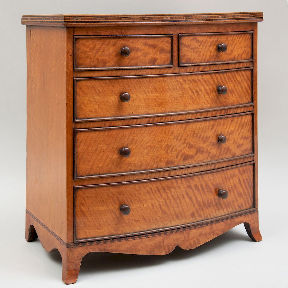 Appraisal: Miniature George III Inlaid Satinwood Bow-Fronted Chest of Drawers Fitted