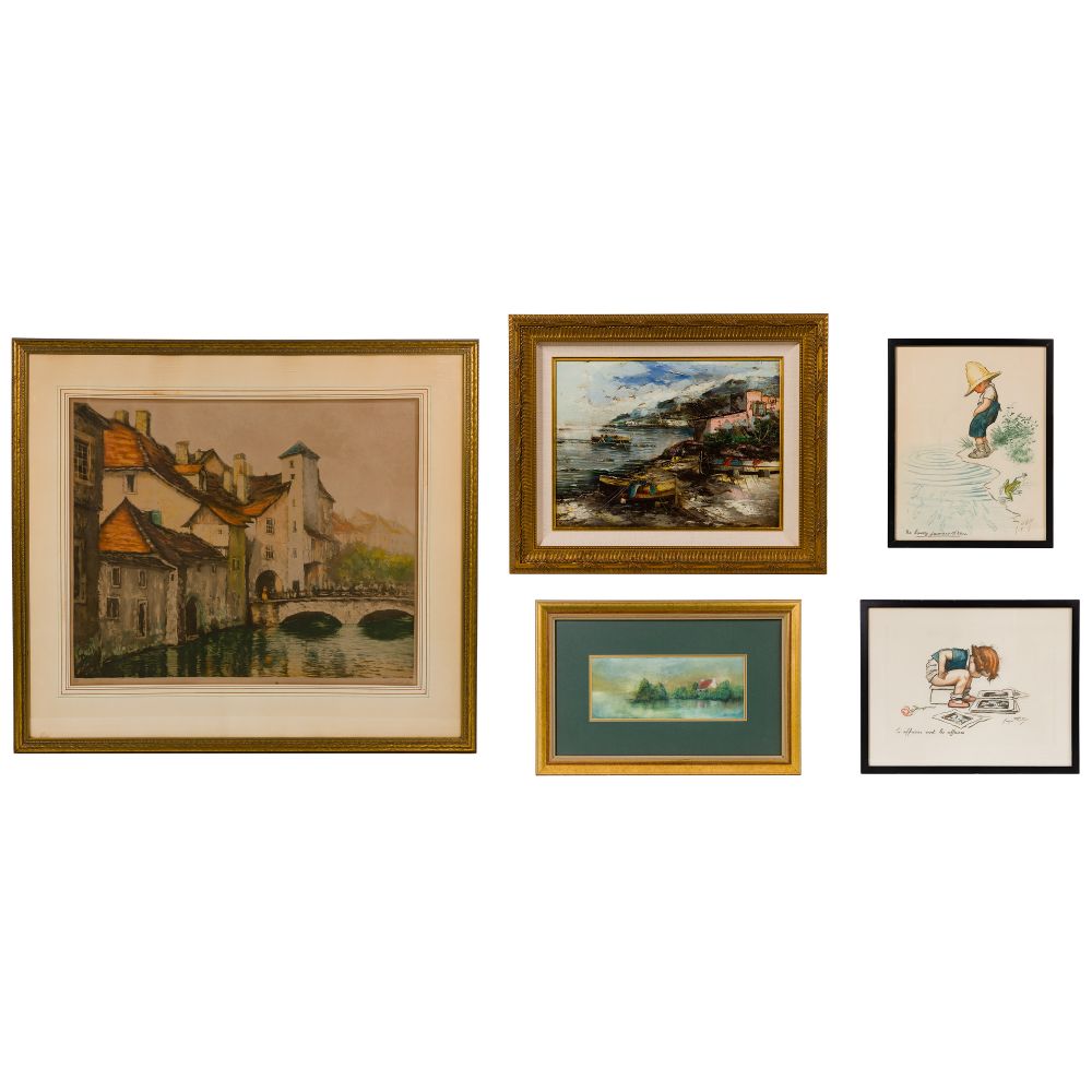 Appraisal: OIL ON CANVAS WATERCOLOR AND LITHOGRAPH ARTWORK ASSORTMENT items including