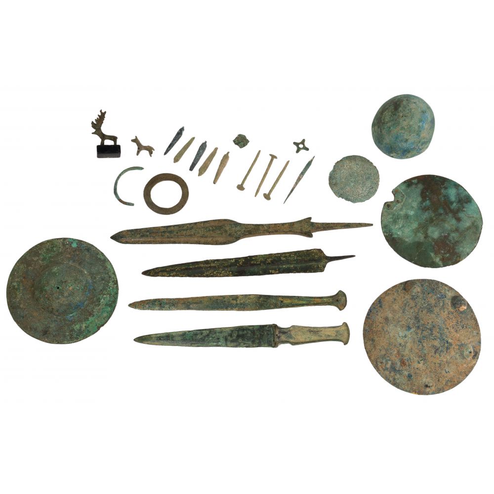 Appraisal: IRANIAN LURISTAN BRONZE BLADE AND ARTIFACT ASSORTMENTOver items from Lorestan