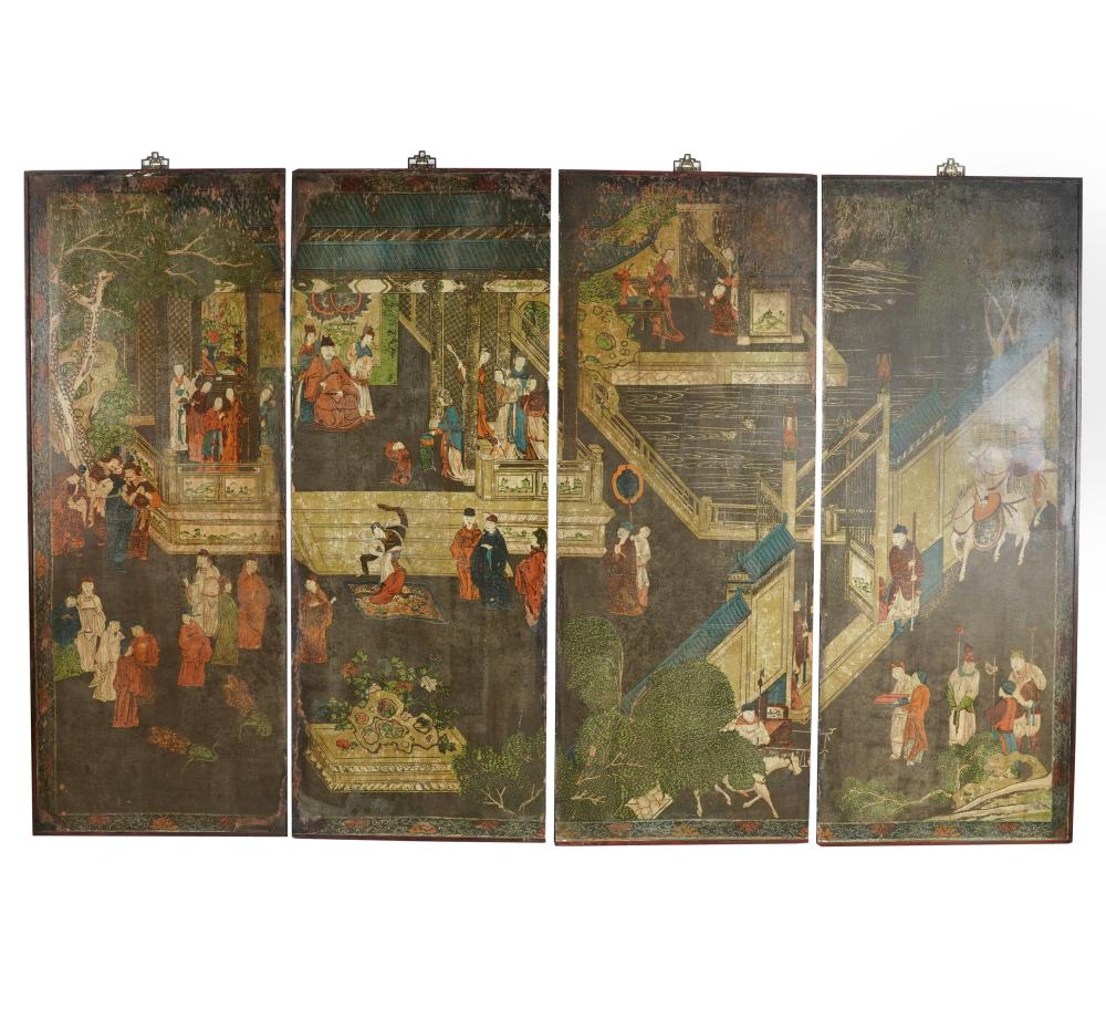 Appraisal: CHINESE FOUR-PANEL SCREENprinted in colors on paper mounted to wood