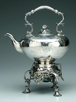 Appraisal: Silver plated hot water kettle round with scroll handle engraved