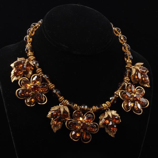 Appraisal: Miriam Haskell Flower Necklace with Amber Glass Jewels Rhinestones Gilt