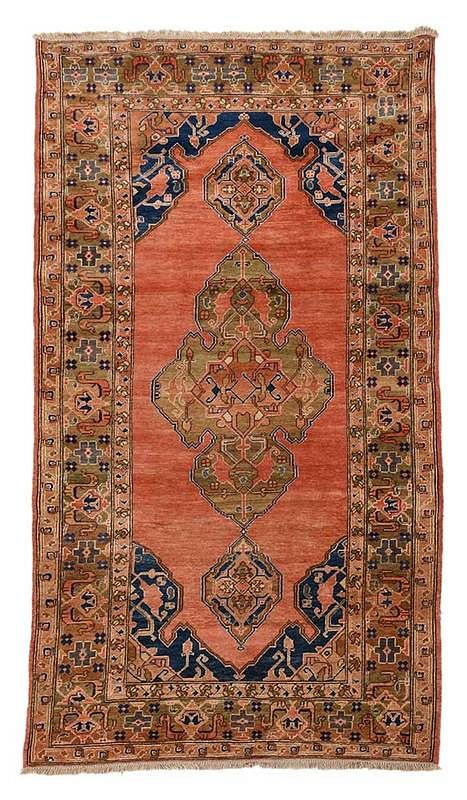 Appraisal: Turkish Rug th century orange field with three celery green