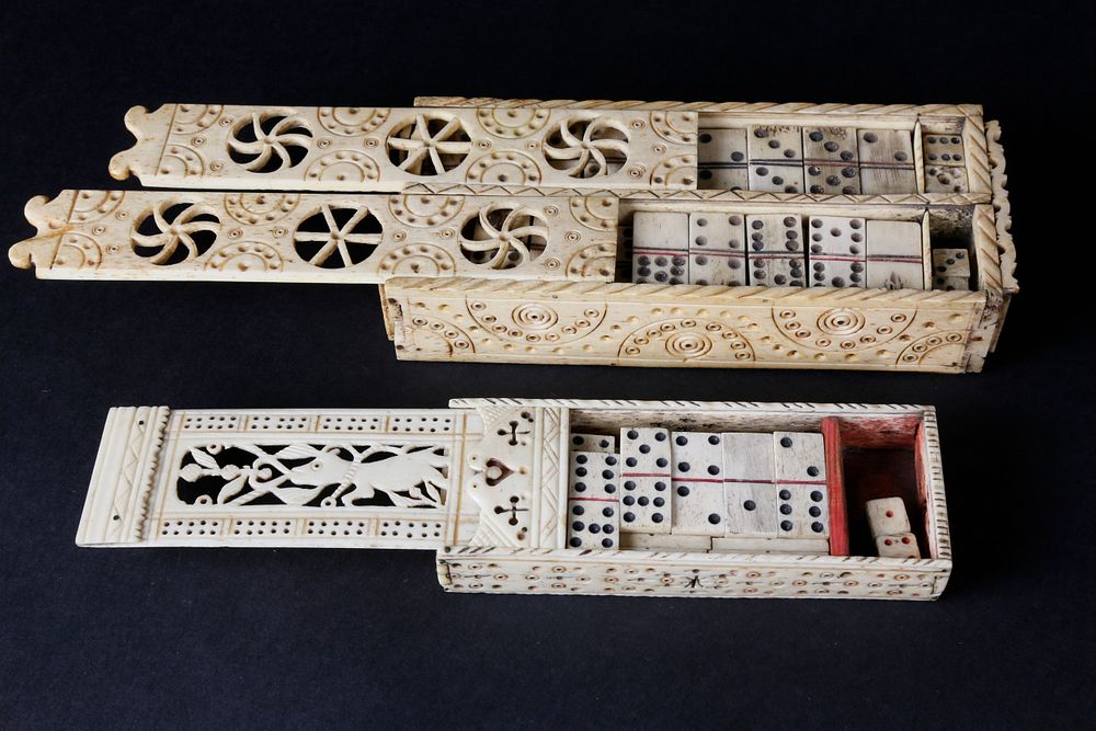 Appraisal: Two Prisoner-Of-War Carved Bone Game Boxes circa Two Prisoner-of-War Carved