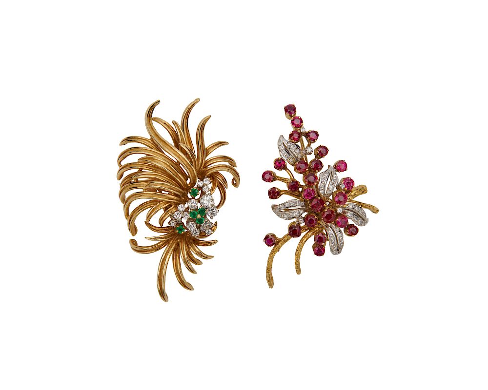 Appraisal: Two Gold Diamond and Gemset Brooches Two Gold Diamond and