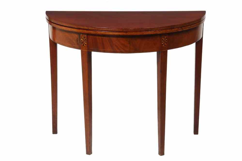 Appraisal: CARD TABLE - Custom mahogany diminutive demilune Hepplewhite style card