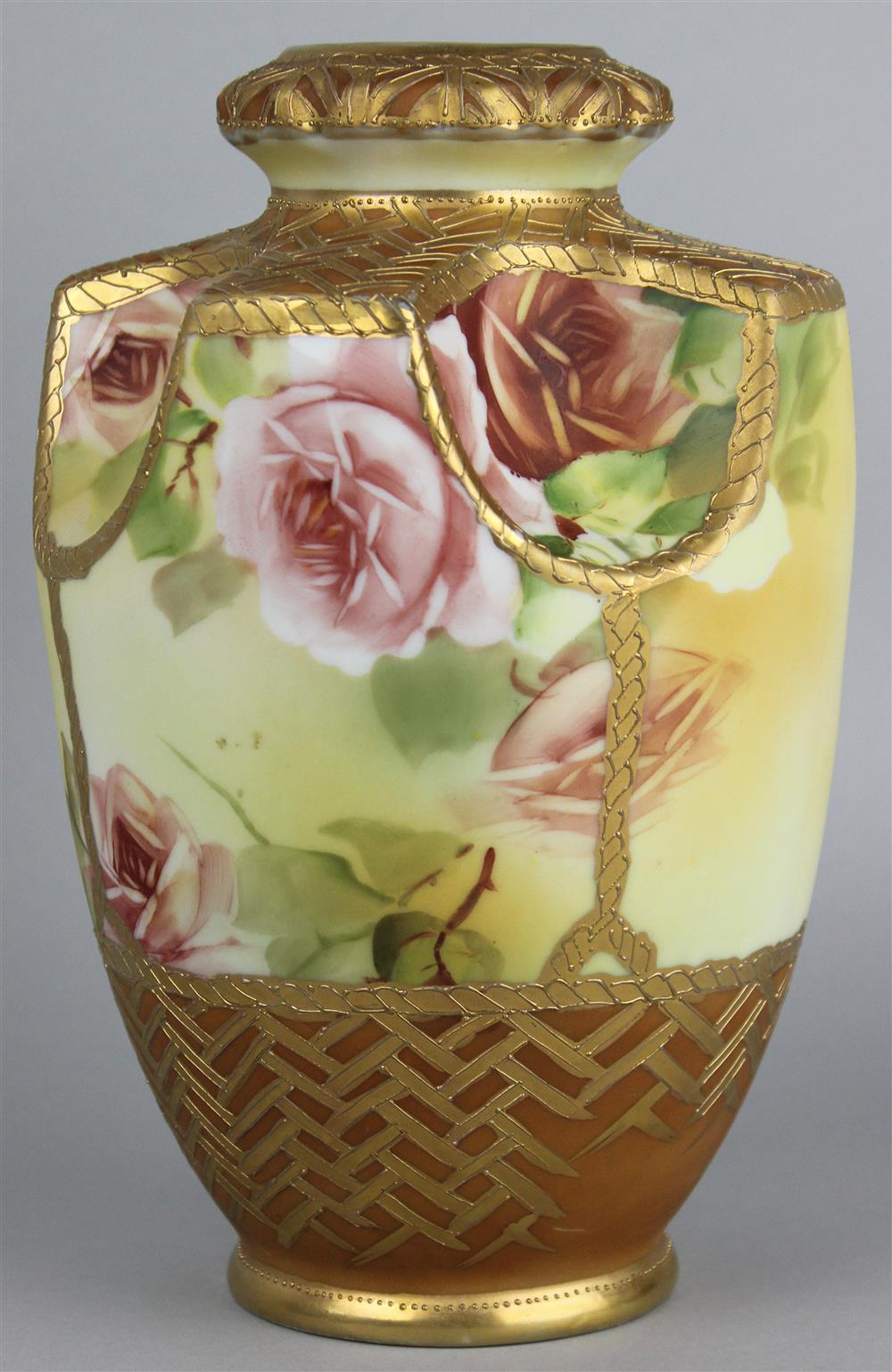 Appraisal: NIPPON HAND PAINTED VASE WITH GILT AND ROSES marked on