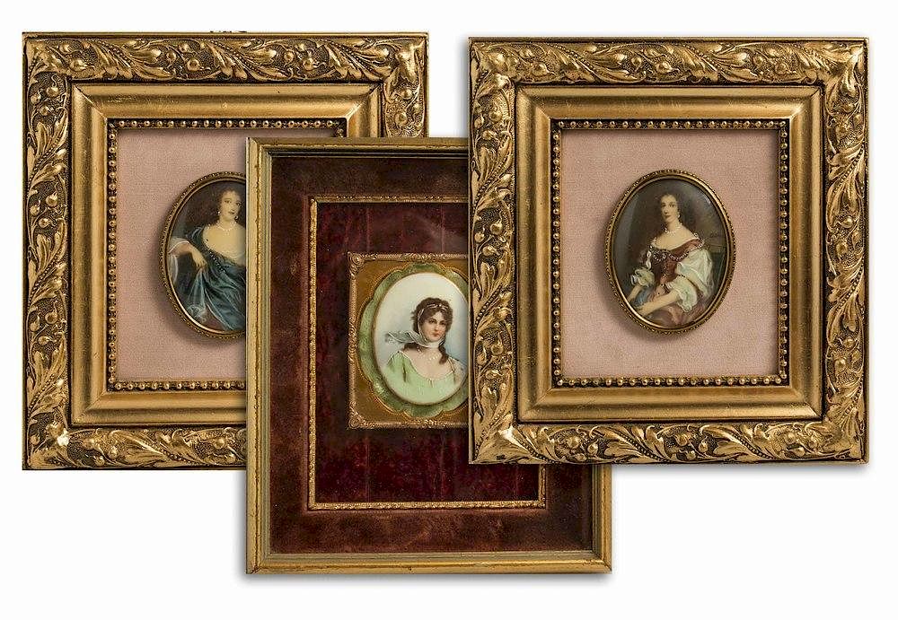 Appraisal: Three Porcelain Painted Plaques Lot of three framed female portrait