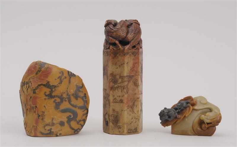 Appraisal: THREE CHINESE CARVED SOAPSTONE ARTICLES Comprising a mountain with relief