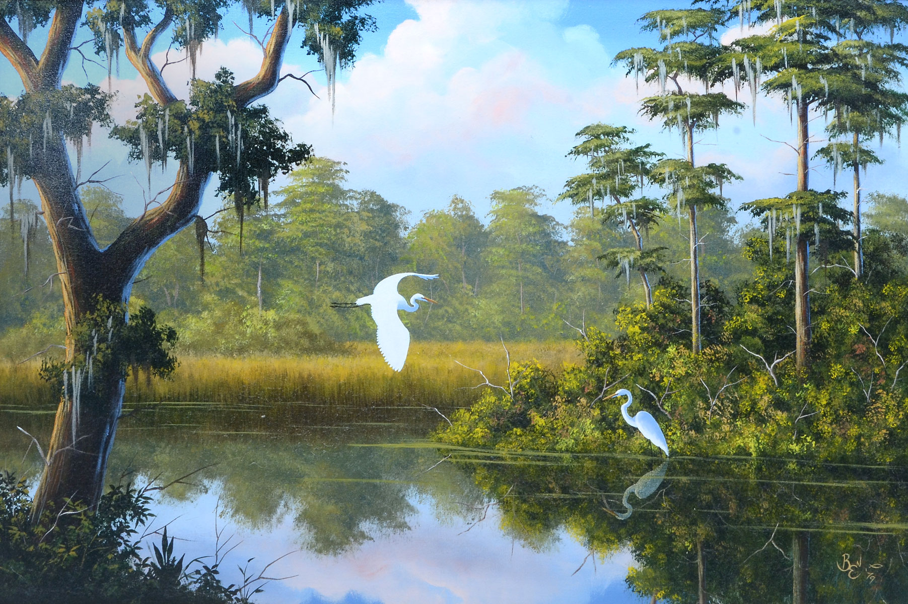 Appraisal: ESSENBERG Ben American Florida River Scene with Egrets Oil Canvas