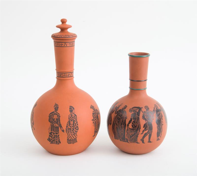 Appraisal: TWO ENGLISH DECORATED TERRACOTTA WATER BOTTLES x in Estimate -