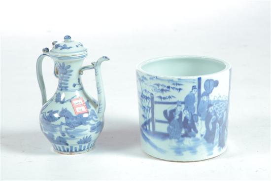 Appraisal: EWER AND JARDINIERE China th century porcelain Blue hand decorated