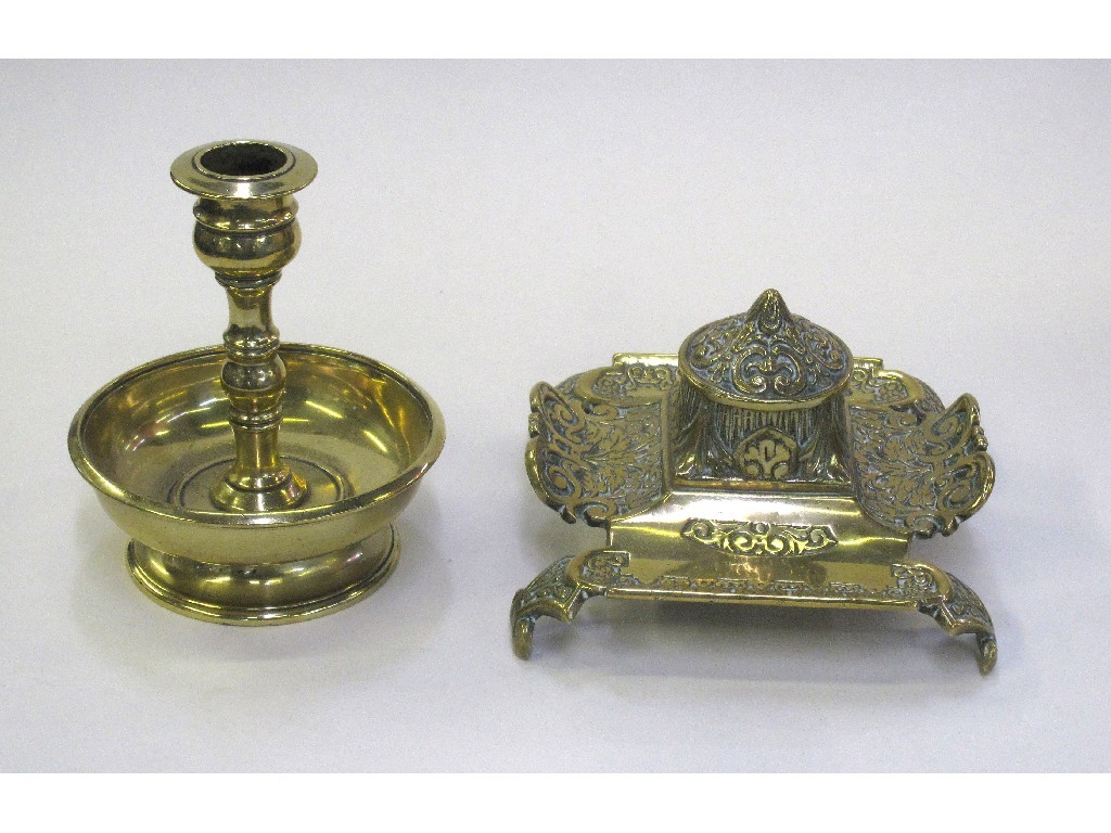 Appraisal: Cast brass desk inkwell and a candl