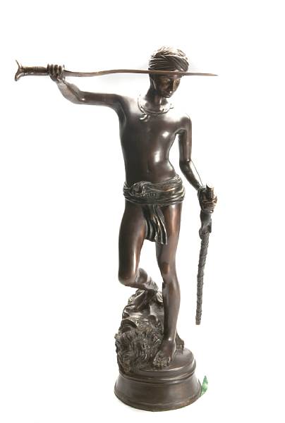 Appraisal: A patinated bronze figure of David cast after a model