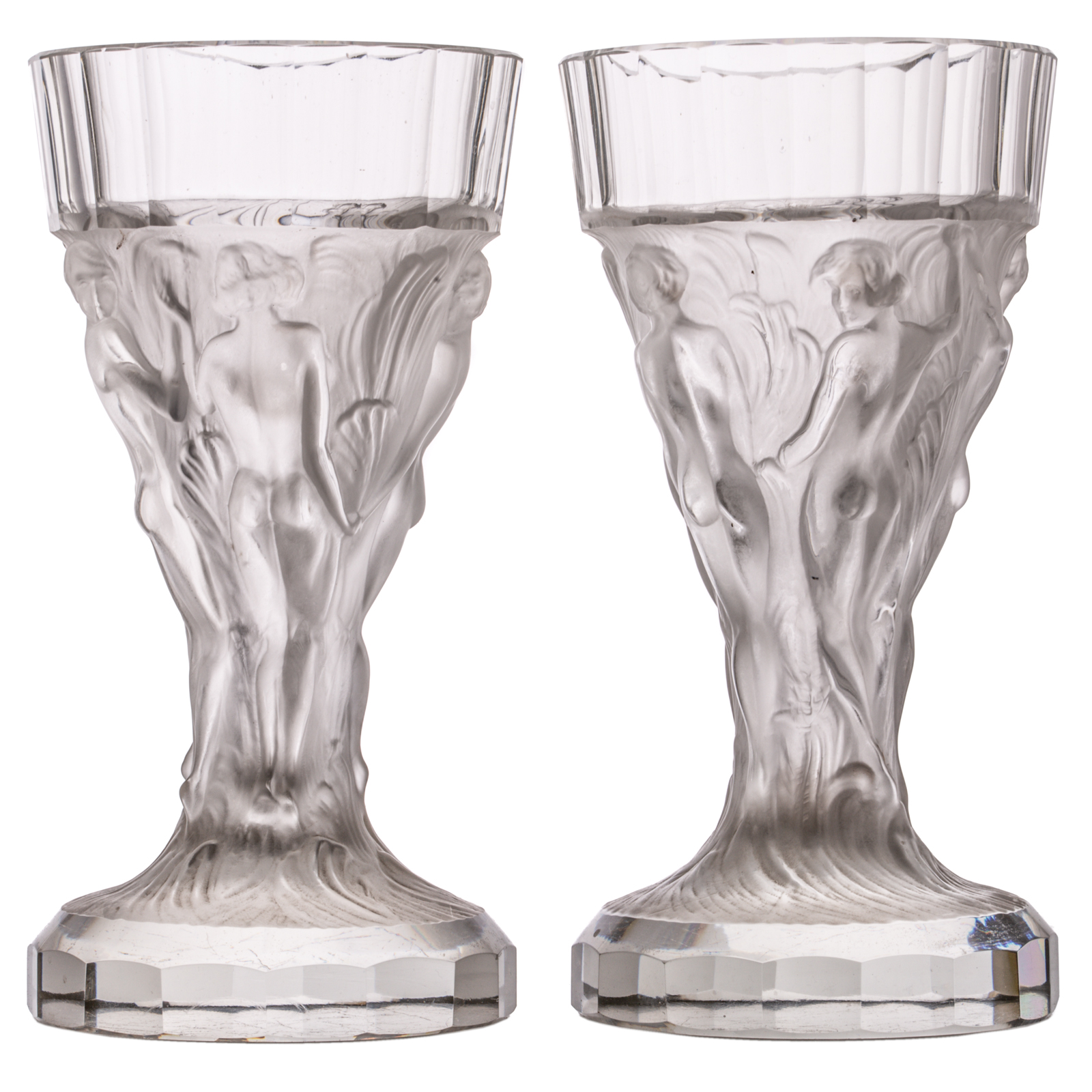 Appraisal: A PAIR OF PARTIALLY FROSTED CRYSTAL FIGURAL RELIEF VASES th