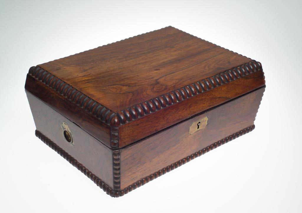 Appraisal: REGENCY ROSEWOOD SEWING BOX c of rectangular form with beaded